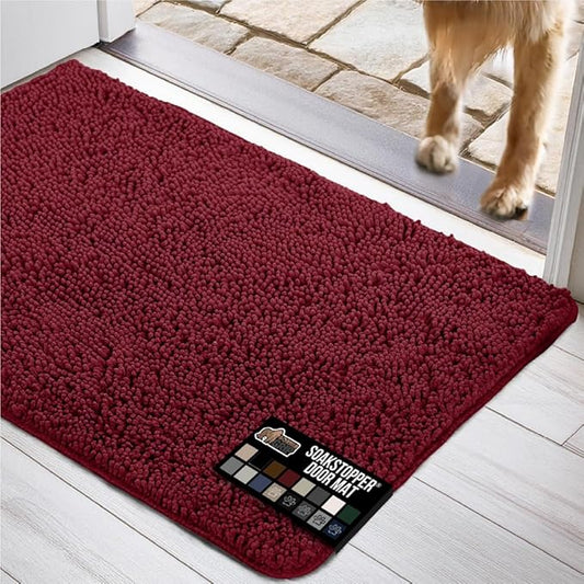 GORILLA GRIP SOAKSTOPPER Dog Door Mat, 48x30 Machine Washable Rug Absorbent Doormat Captures Moisture Mud Dirt, Quick Dry Soft Chenille Entryway Rugs Indoor Entrance Mats for Dog Paws, Burgundy