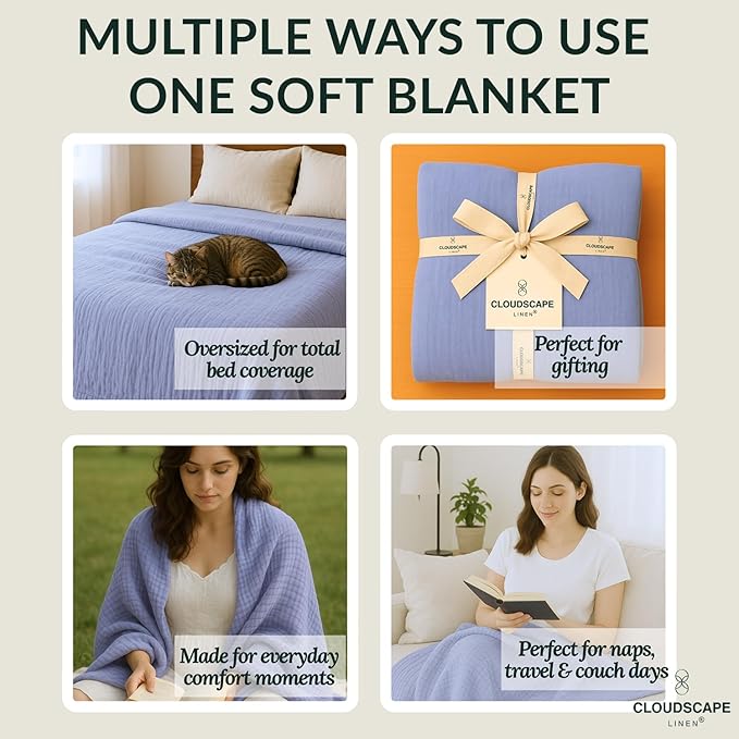 Cloud Scape Linen Extra Large 4 Layer Muslin Throw Blanket - 100% Cotton Gauze, Lightweight & Breathable All Season, Pre-Washed, for Couch & Bed, 50x70, Lavender Blue