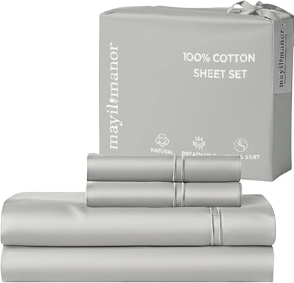 100% Natural Cotton Bed Sheets | 500 TC Single-Ply Sateen Weave Full Size Sheets | Soft, Breathable, Hypoallergenic Solid 4-Piece Bedding with Deep Pocket Fitted, Flat, Pillowcase | Grey
