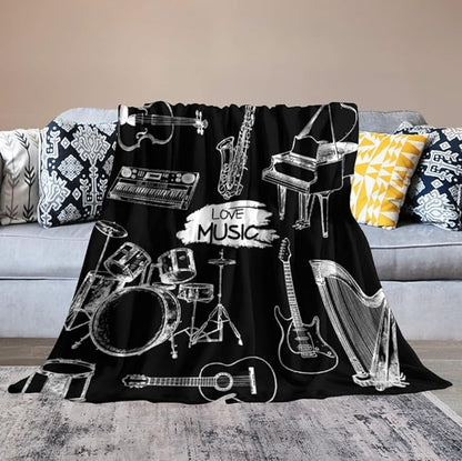 Music Blanket Drums Piano Guitar Black White Abstract Art Printed Soft Cozy Lightweight Throw Blanket for Kids Girls Boys Women Bedroom Living Room Dorm Chair Sofa Travel 40x50in
