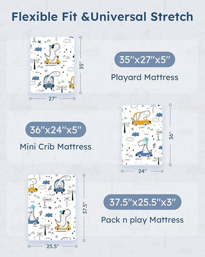 Pack and Play Sheets Fitted 3 Pack, Mini Crib Sheets for Pack N Play Mattress Stretchy Portable Playard Sheets, Soft Breathable Grey & Blue Car