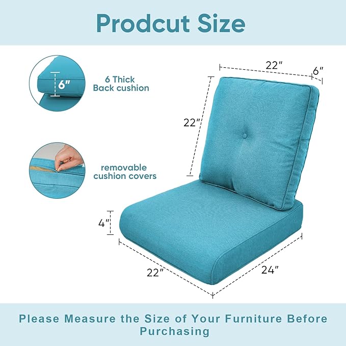Outdoor Wicker Chair Cushions 2 Packs - Outside High Back Thick Water-Resistant Cushion 22x24 with Zipper Cover for Patio Glider Rocking Chairs Loveseat Couch – Teal/Buckle