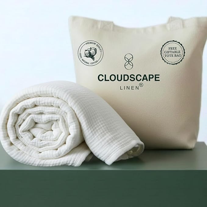 Cloud Scape Linen Extra Large 4 Layer Muslin Throw Blanket - 100% Cotton Gauze, Lightweight & Breathable All Season, Pre-Washed, for Couch & Bed, 50x70, White