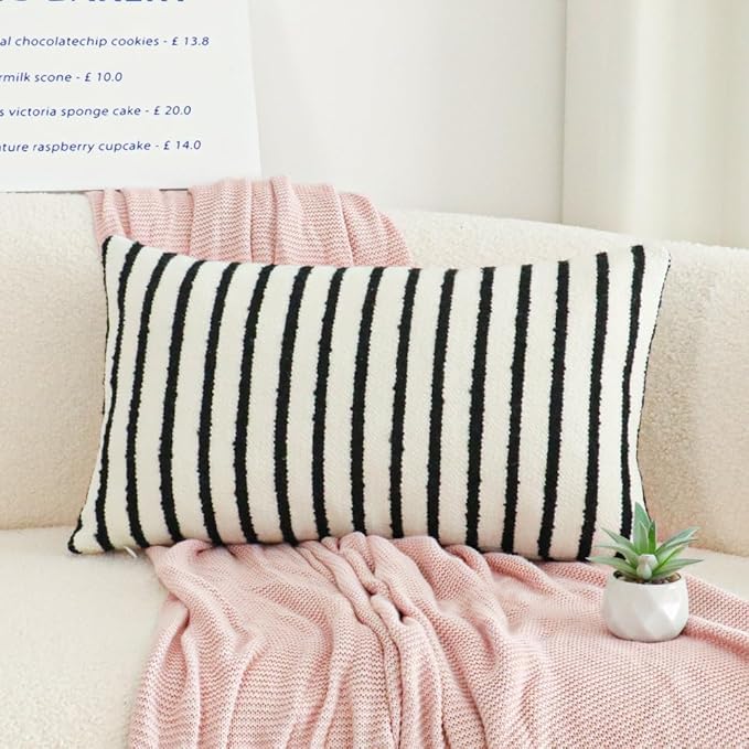 Jonhier White Striped Lumbar Boho Throw Pillow Cover, Modern Boucle Textured Rectangle Pillowcase for Sofa Couch Bed, Neutral Farmhouse Accent Decorative Cushion Cover for Living Room, 12 x 20 inch