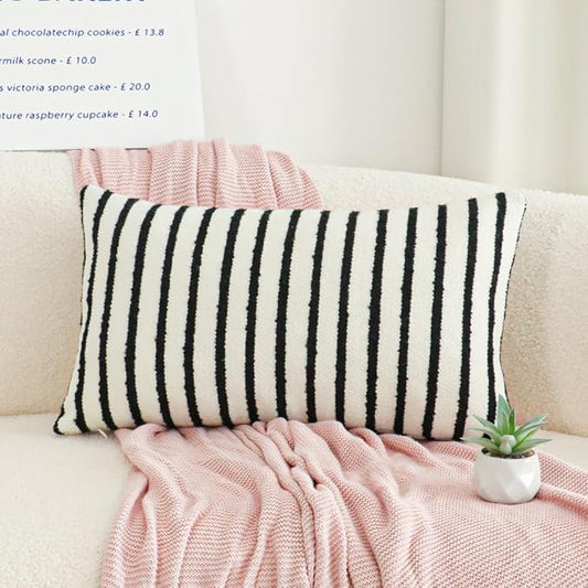 Jonhier White Striped Lumbar Boho Throw Pillow Cover, Modern Boucle Textured Rectangle Pillowcase for Sofa Couch Bed, Neutral Farmhouse Accent Decorative Cushion Cover for Living Room, 12 x 20 inch