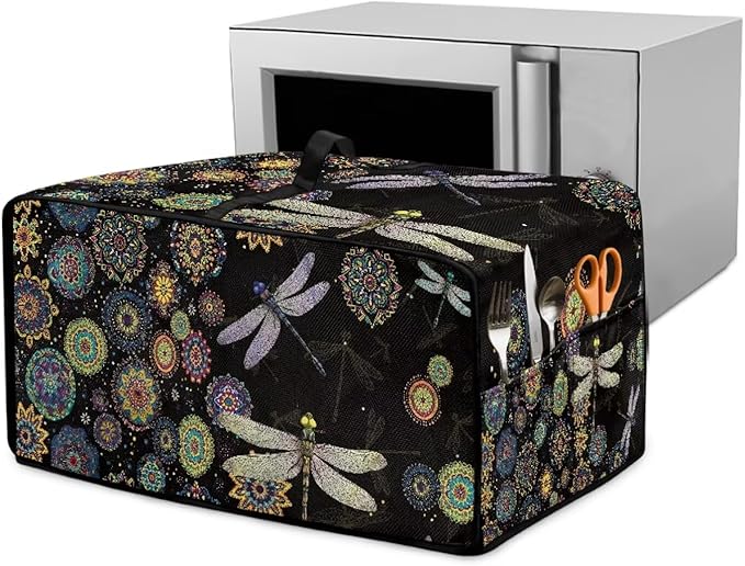Boho Mandala Dragonfly Print Toaster Oven Cover Dust-Proof Microwave Oven Cloth Cover with Storage Pockets Waterproof Kitchen Machine Covers Case Protections Protector, M