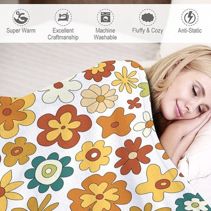Vintage Hippie Floral Blanket, 70s Boho Abstract Yellow Orange Flowers Funny Print Throw Blanket for Holiday Theme Home Decor Bedding Couch 40"x50"