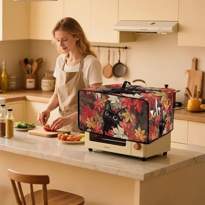 Cat Maple Leaf Print Toaster Oven Dust Cover with Storage Pockets Autumn Decor Dust-Proof Kitchen Appliance Protector for Small Appliances Convection Ovens Fall Decor, L