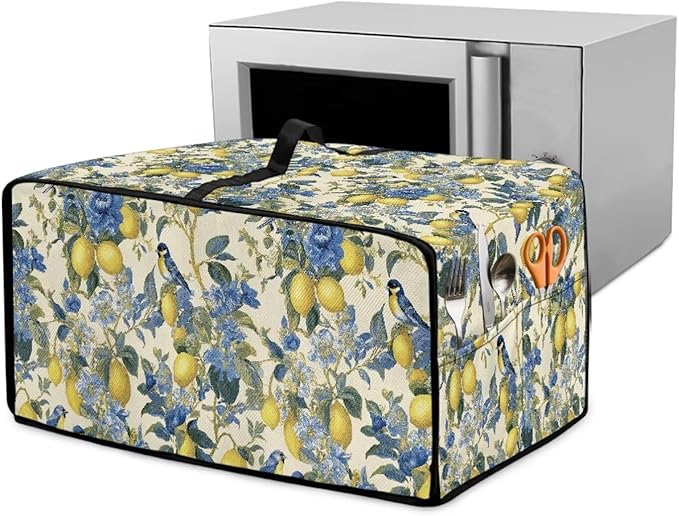 Lemon Floral Robin Bird Print Microwave Oven Dust Cover Heavy Duty Microwave Oven Grill Cover Dustproof Kitchen Machine Covers Case Protections for Toaster Oven, L