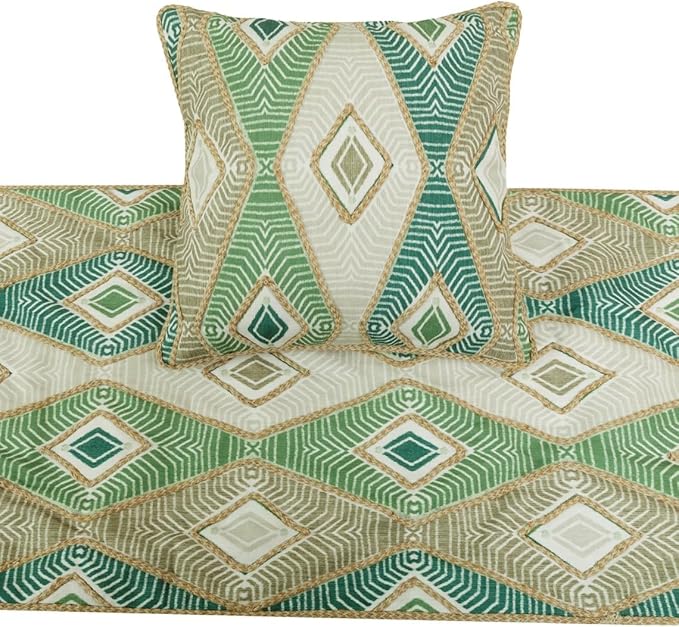 The HomeCentric King/Queen/Twin Green Designer King 90"x18" Bed Runner with Pillow Cover, Aztec, Jute Embroidery, Quilted, Tassels, Jute, Moroccan & Tribal Bed Scarf on Cotton Fabric - Chantico