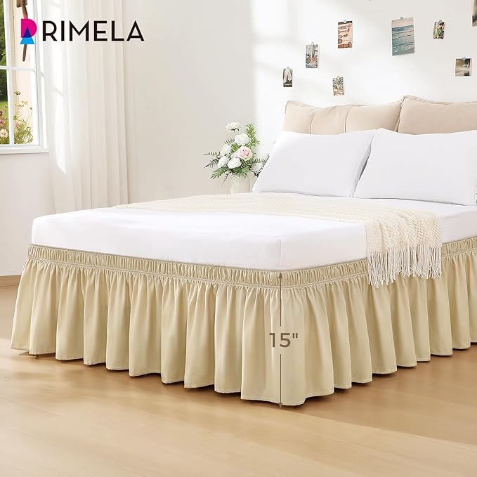 RIMELA Beige White Bed Skirt Queen Size 18 Inch Drop, Elastic Bed Skirting for Bed Base and Frame, Bedding Dust Ruffle Easy to Install, Lightweight Wrap Around Adjustable Bedskirt