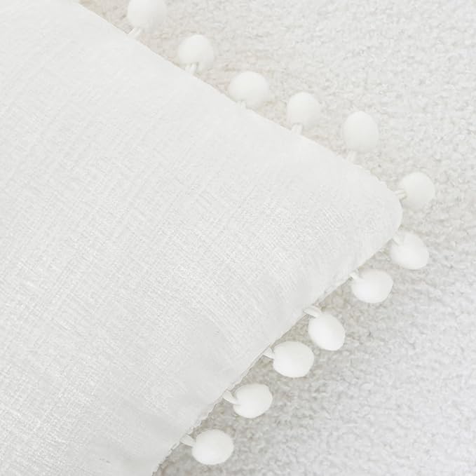 CaliTime Throw Pillow Covers Decorative 20 X 20 Inches Pack of 2 Cozy Solid Dyed Soft Chenille Cushion Cases with Pom Poms for Couch Sofa Bed Living Room Home True White