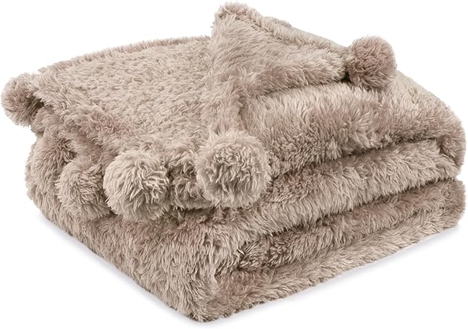 PAVILIA Taupe Sherpa Throw Blanket for Couch, Warm Plush Pom Pom Blanket Throw, Tan Fuzzy Sofa Throw, Lightweight Soft Cozy Fluffy Blanket with Pom Poms, Light Brown, 50x60