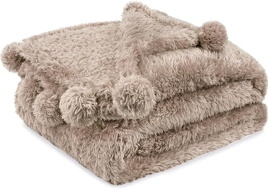 PAVILIA Tan Sherpa Throw Blanket for Couch, Warm Plush Pom Pom Blanket Throw Twin, Fuzzy Sofa Blanket Throw for Bed, Lightweight Soft Cozy Fluffy Blanket with Pom Poms, Taupe, 60x80