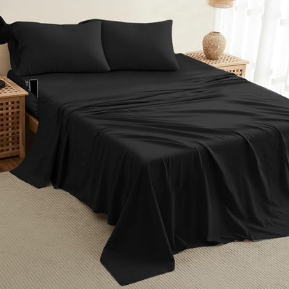 DREAMCARE Full Size Sheets - Cooling Bed Sheets - 4pcs Set - up to 15" Deep Pocket Full Sheet Set - Sheets Full Size Bed - Soft & Long Lasting 100% Fine Brushed Polyester with Side Pocket - Black