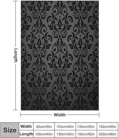 Black Damask Blanket, Antique Victorian Style Gothic Vintage Black Floral Bohemian Exotic Print Blanket for Sofa Bed Decor Fuzzy Blanket Twin, 30"x40"