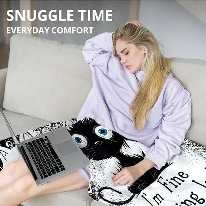 Funny Black Cat Blanket, It's Fine Everything is Fine Funny Throw Blankets for Home Bedroom Living Room Couch Bed Decor, Black Cat Mom Lovers Gifts for Women, 50x60 Inch