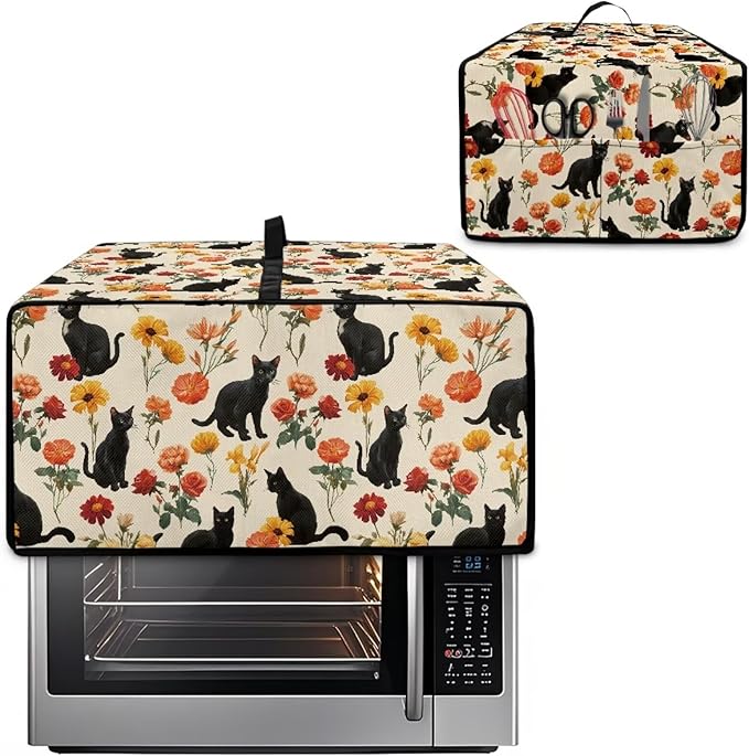 Black Cat Rose Daisy Floral Print Microwave Oven Cover with Storage Pockets Toaster Oven Dust Cover Universal Dustproof Kitchen Appliance Protector Suitable for Most Microwave Ovens, L
