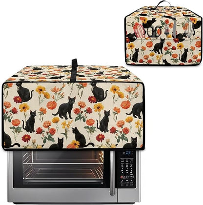 Black Cat Rose Daisy Floral Print Microwave Oven Cover with Storage Pockets Toaster Oven Dust Cover Universal Dustproof Kitchen Appliance Protector Suitable for Most Microwave Ovens, S