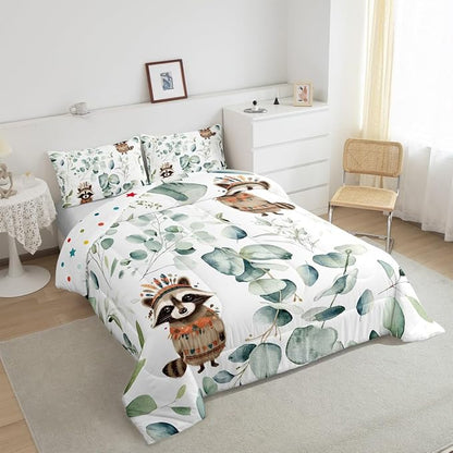 Erosebridal Cute Raccoon Twin Size Comforter Set for Kids Child Green Eucalyptus Bedding Set, Woodland Animal Down Comforter Botanical Plant Leaves Bed Set, Cartoon Wildlife Quilted Duvet