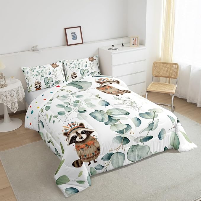 Erosebridal Cute Raccoon Queen Comforter Set for Kids Child Green Eucalyptus Bedding Set Queen, Woodland Animal Bedding Comforter Sets Plant Leaves Duvet Set, Cartoon Wildlife Quilted Comforter