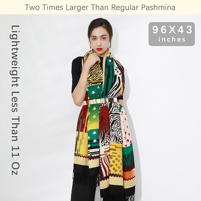 DANA XU 100% Merino Wool Pashmina Shawl for Women 96"x43", Oversized Cashmere Wrap with Tassels, Floral Travel Blanket Cape