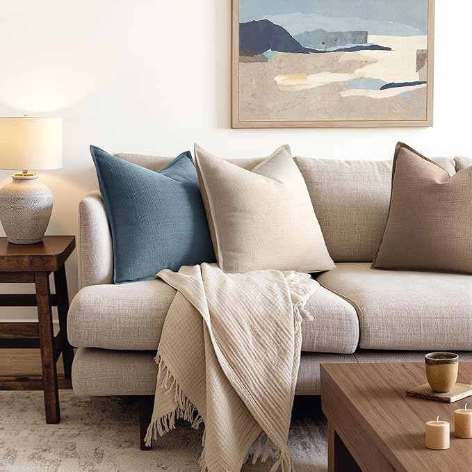 MIULEE Decorative Euro Sham Pillow Covers 26x26, 2 Pack Large Boho Farmhouse Neutral Throw Pillows for Bed, Thick Textured Modern Linen Cushion Cases Couch Sofa Living Room Home Decor, Natural Beige