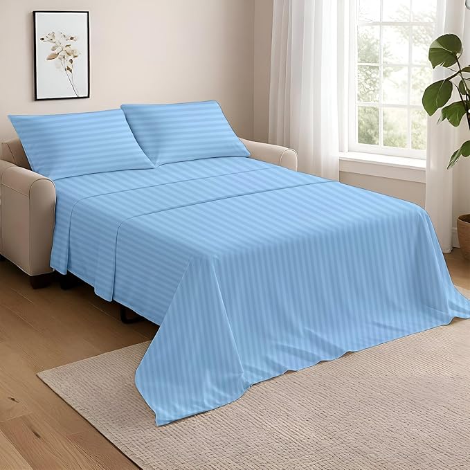 NON Sticky cotton Full Size Sleeper Sofa Sheets, 4 Piece Egyptian Cotton Bed Sheet Set for Sofa Bed, 10" Deep Pocket for Pull Out Couch Mattress, 54" x 75", Light Blue Stripe, Soft & Breathable