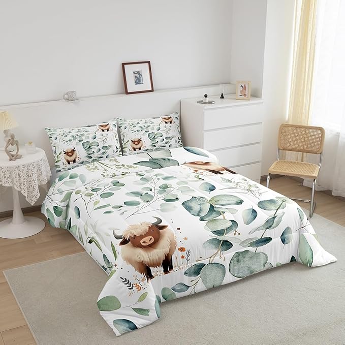 Erosebridal Boys Cartoon Animal Bedding Toddler Size for Kids Kawaii Cow Comforter Set, Highland Cattle Bull Duvet Insert Western Cowboy Quilt Comforter, Green Eucalyptus Bedding Comforters & Sets