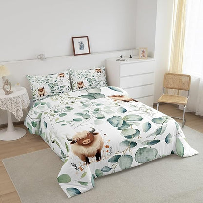 Erosebridal Boys Cartoon Animal Bedding Toddler Size for Kids Kawaii Cow Comforter Set, Highland Cattle Bull Duvet Insert Western Cowboy Quilt Comforter, Green Eucalyptus Bedding Comforters & Sets