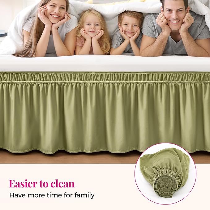 RIMELA Sage Green Bed Skirt Twin Size 15 Inch Drop, Elastic Bed Skirting for Bed Base and Frame, Bedding Dust Ruffle Easy to Install, Wrap Around Adjustable Bedskirt