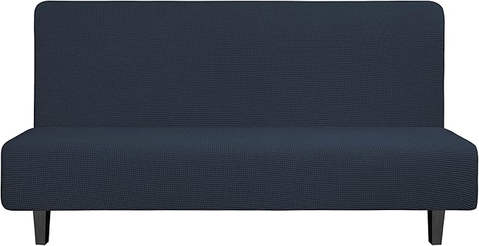 Easy-Going Stretch Futon Slipcover Armless Futon Bed Cover Furniture Protector Without Armrests with Elastic Bottom for Kids, Soft Jacquard Fabric Small Checks (Large, Dark Blue)