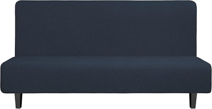 Easy-Going Stretch Futon Slipcover Armless Futon Bed Cover Furniture Protector Without Armrests with Elastic Bottom for Kids, Soft Jacquard Fabric Small Checks (Large, Dark Blue)