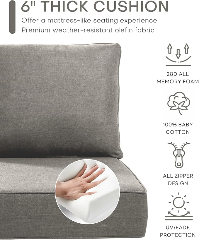 Luxury 24x24x6 Inch Patio Chair Cushions Set of 3 - Memory Foam Deep Seat Water-Resistant Patio Cushion for Lawn Dining Rocking Swivel Chairs Loveseat 3-Seater Sectional Sofa - Grey