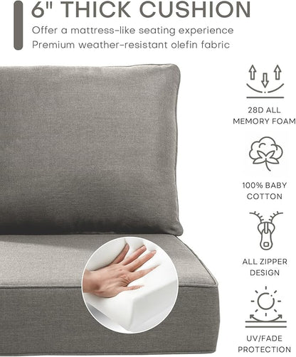 Luxury 22x24/22x25 6-Inch Patio Chair Cushions Set of 3 - Memory Foam Deep Seat Water-Resistant Patio Cushion for Lawn Dining Rocking Swivel Chairs Loveseat 3-Seater Sectional Sofa - Grey