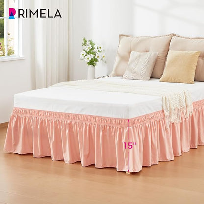 RIMELA Peachy Coral Bed Skirt Queen Size 15 Inch Drop, Elastic Bed Skirting for Bed Base and Frame, Bedding Dust Ruffle Easy to Install, Wrap Around Adjustable Bedskirt