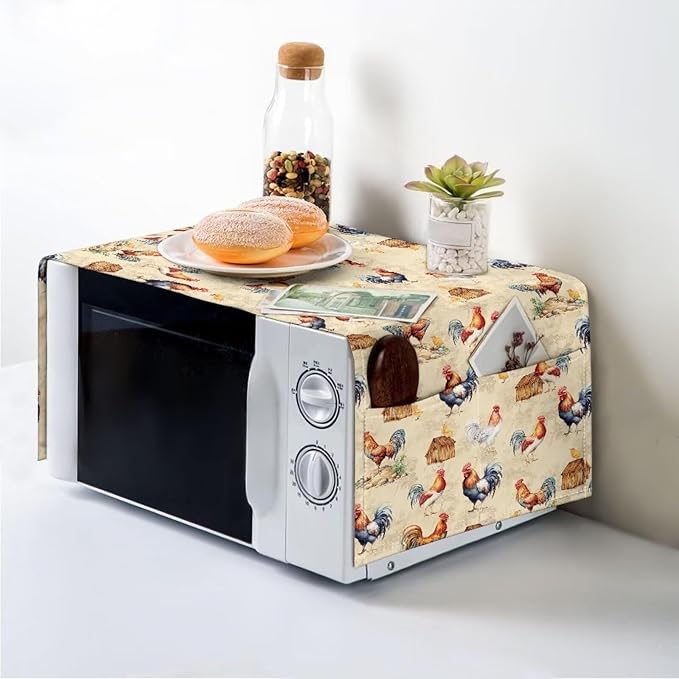 ZFRXIGN Vintage Chicken Microwave Oven Cover Dustproof Top Cover Linen Toaster Cover Kitchen Appliance Protector Decorative Dust Proof Cover Farmhouse Rooster, 24313 P59-S-0309