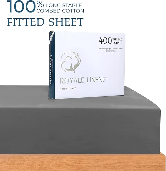 ROYALE LINENS 400 Thread Count 100% American Grown Cotton Fitted Sheet Queen Size - All Around Elastic Fitted Sheet - Luxury Sateen Weave - Snug Fit Bottom Sheets Fit Up to 16" (Queen,Spanish Slate)