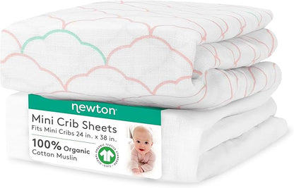 Newton Baby Fitted Mini Crib Sheets (2-Pack) | Organic Muslin Cotton, Breathable & Soft Baby Sheets, Washable Baby Mattress Sheets, Fits Mini Crib Mattresses 24" x 38", Dreamweaver Coral & Plain White
