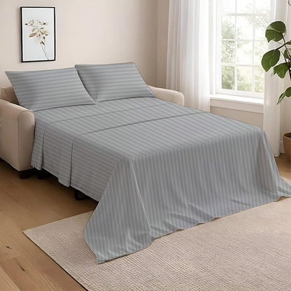 NON Sticky cotton Twin Size Sleeper Sofa Sheets, 4 Piece Egyptian Cotton Bed Sheet Set for Sofa Bed, 7" Deep Pocket for Pull Out Couch Mattress, 39" x 75", Light Grey Stripe, Soft & Breathable