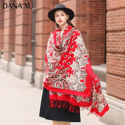 DANA XU 100% Merino Wool Extra Large Pashmina Blanket Travel Scarf Cashmere Wrap for Women Fall Winter Oversize Shawl Floral