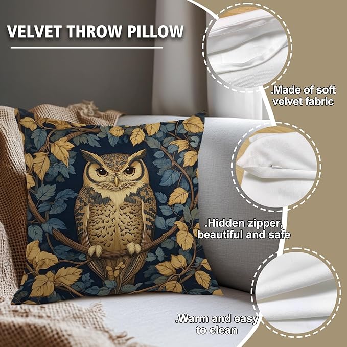 YOU FOUND ME William Morris Abstract Vintage Floral Velvet Butterfly Design Throw Pillow Covers Home Decor, Retro Art Deco Pillowcase Cushion Cover for Bed Sofa Living Room, Square 18x18inch (Owl)