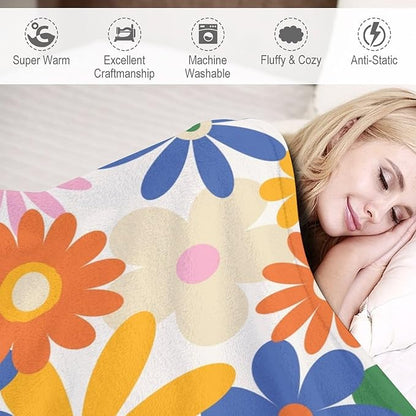 70s Retro Flower Throw Blanket, 60s Vintage Groovy Daisy Flowers Boho Hippie Bright Colorful Floral Print Blanket for Couch Chair Sofa Bed Dorm Bedroom Home 60"x80"