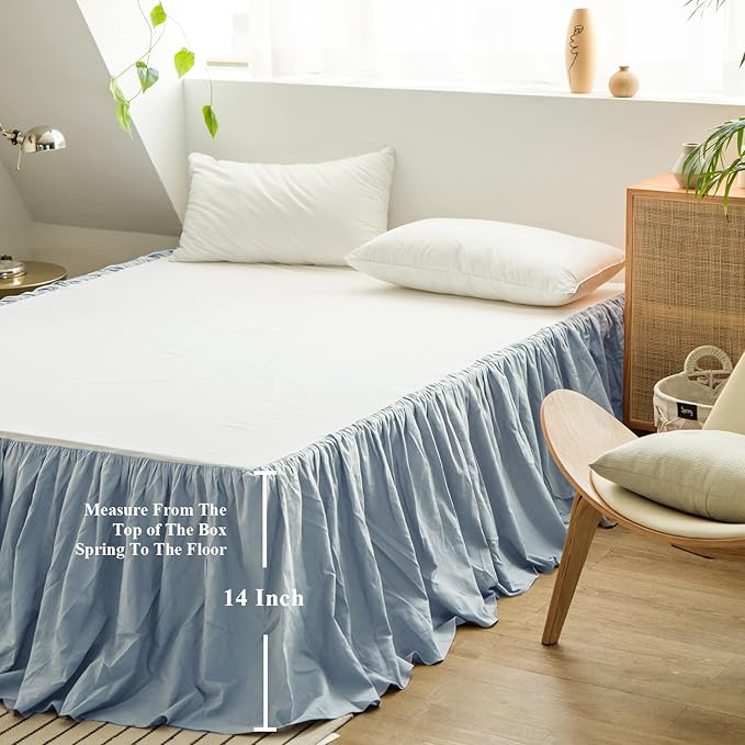 BISELINA French Linen Bed Skirt with Pleated Frills 14-Inch Tailored Drop Natural Flax Cotton Blend Dust Ruffle Soft Cozy Farmhouse Bedding (14" King, Dusty Blue)