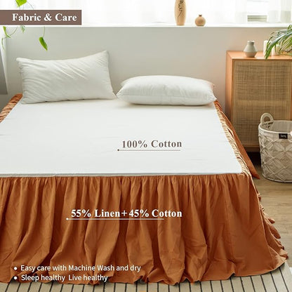 BISELINA French Linen Bed Skirt with Pleated Frills 14-Inch Tailored Drop Natural Flax Cotton Blend Dust Ruffle Soft Cozy Farmhouse Bedding (14" Twin, Rust)