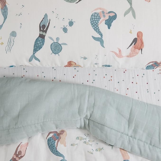 Little Unicorn Toddler Bedding 3-Piece Set | Super Soft & Breathable Muslin Fabric | for Convertible Cribs & Toddler Beds (Mermaid Party)