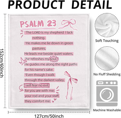 Coquette Pink Bow Christian Blanket, Psalm 23 Bible Verse Throw Blankets for Girly Room Bedroom Dorm Couch Bed Decor, Preppy Religious Blanket, Christian Gifts for Women Girls, 50x60 Inch