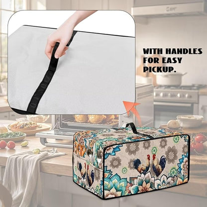 Rooster Boho Mandala Floral Print Microwave Oven Dust Cover Polyester-Linen Fabric Microwave Oven Cloth Cover Universal Case Protections Protector with Storage Bags, S