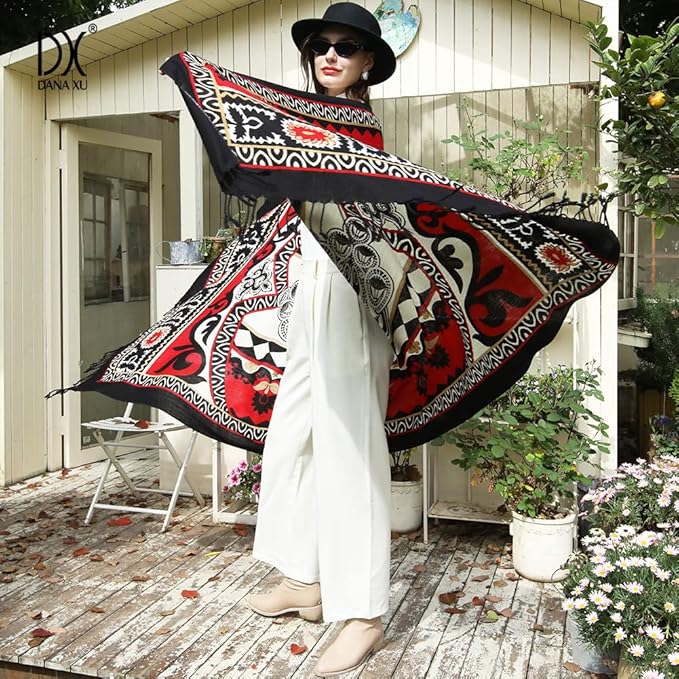 DANA XU 100% Merino Wool Extra Large Pashmina Blanket Travel Scarf Cashmere Wrap for Women Fall Winter Oversize Shawl Floral