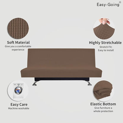 Easy-Going Stretch Futon Slipcover Armless Futon Bed Cover Furniture Protector Without Armrests with Elastic Bottom for Kids, Soft Jacquard Fabric Small Checks (Large, Brown)